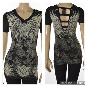 Bus Stop Los Angeles Vneck Fleur de lis  Angelwing